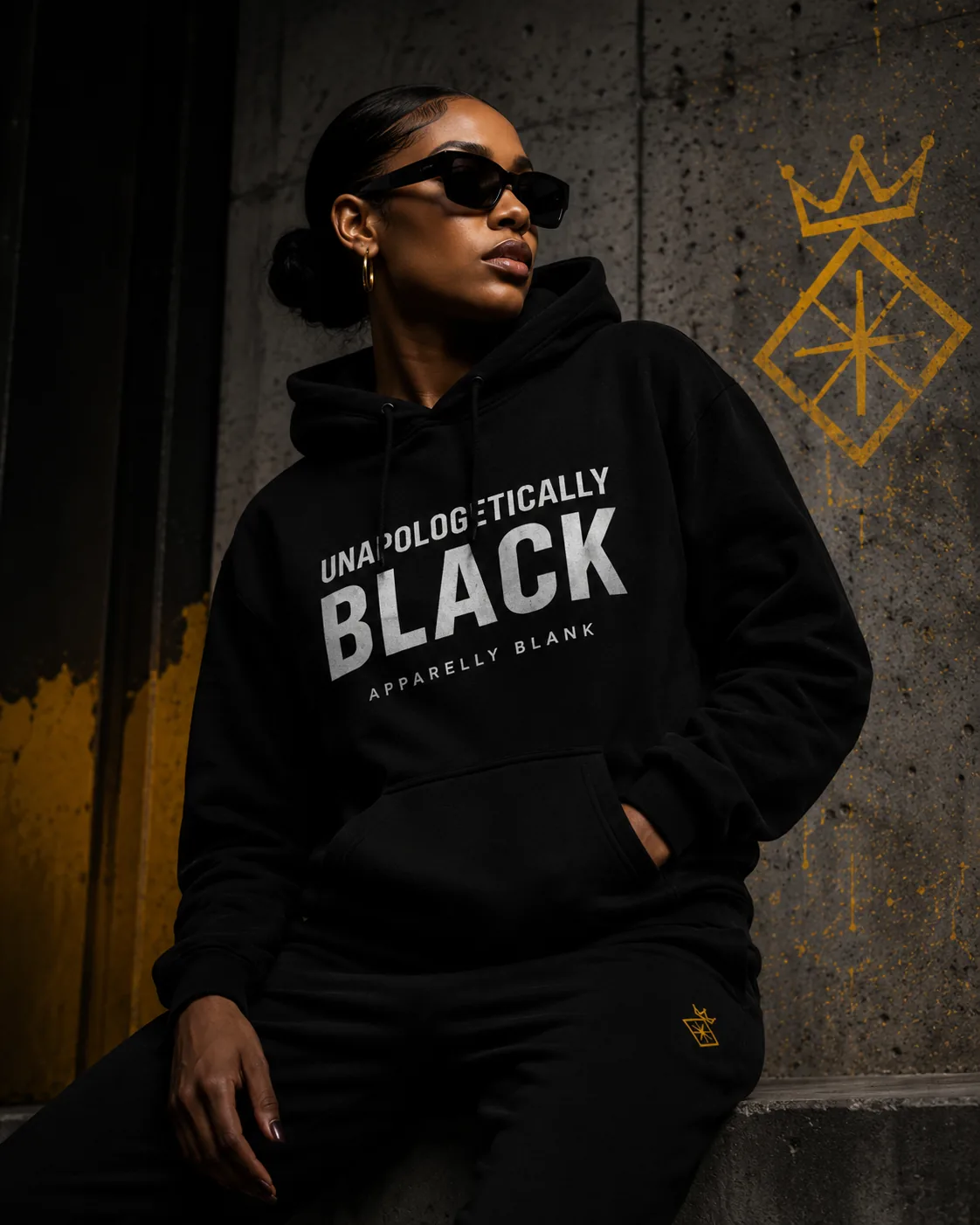 Apparelly Blank black-base streetwear editorial look with clean city styling